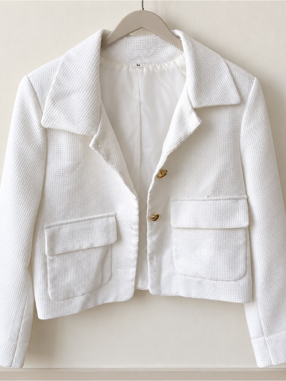 Cropped White Textured Blazer with Gold Buttons